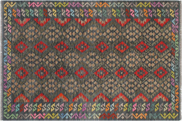 Flat Weave Kilim, Antique, Navaho, Vintage, Handmade, Geometric Kilim Red Green Hand-Woven Rectangle 100% Wool Area Rug 6 x 8